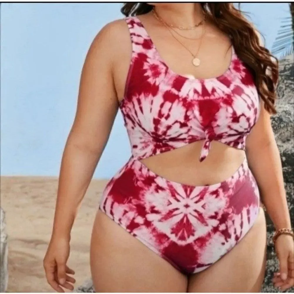 Plus Size Tie Dye Cut Out Knot Front One Piece Swimsuit sz 0X